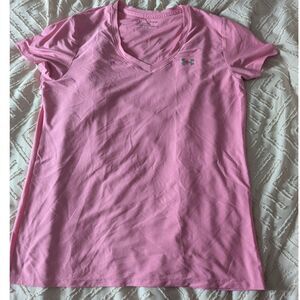 Under Armour Women's XL HeatGear V-Neck T-Shirt Pink Loose Fit Short Sleeve Gym